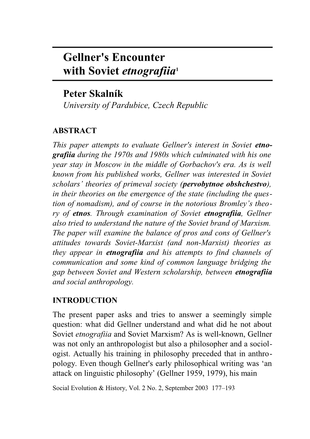 Skalnik / Gellner's Encounter with Soviet Etnografiia