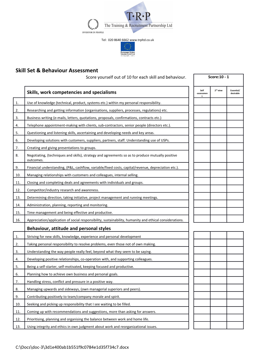 Skill Set & Behaviour Assessment