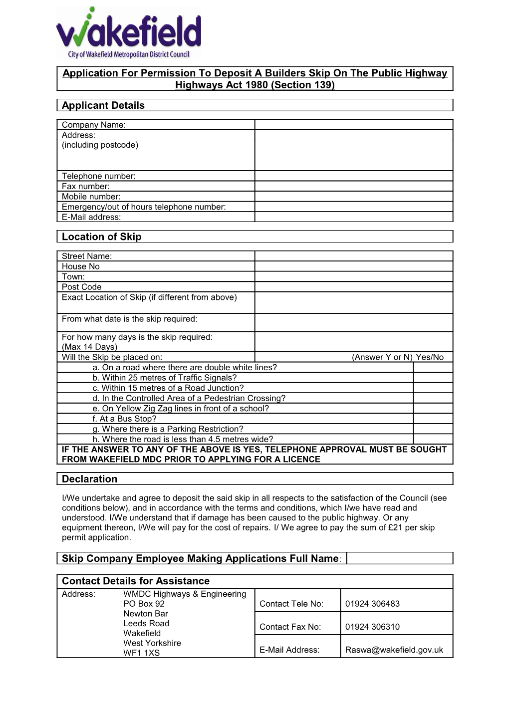Skip Licence Application Form