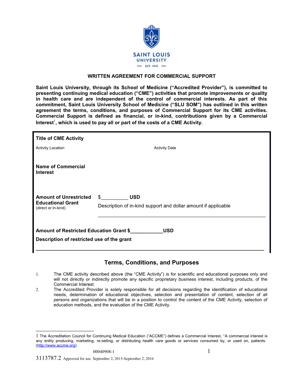 SLU Template Revised Written Agreement for Commercial Support (Willmore) 2015-2016 CME