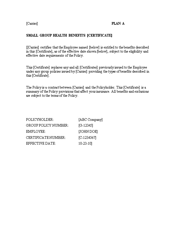Small Group Health Benefits Certificate