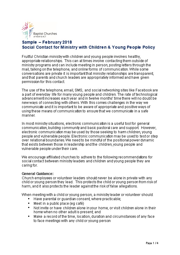Social Contact for Ministry with Children & Young People Policy