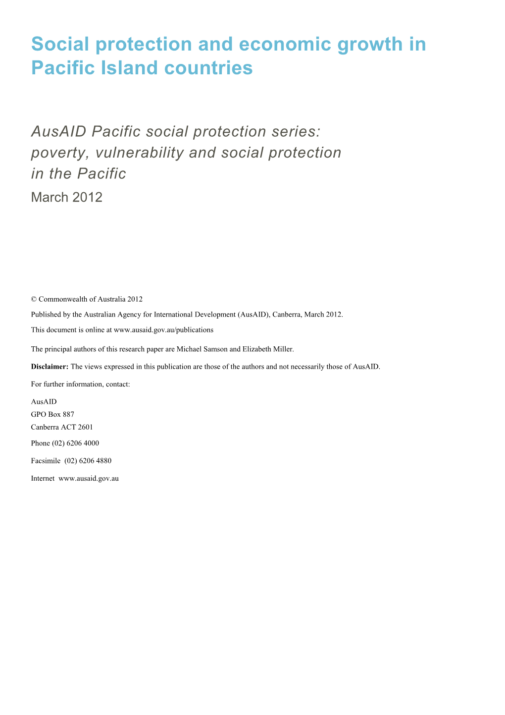 Social Protection and Economic Growth in Pacific Island Countries