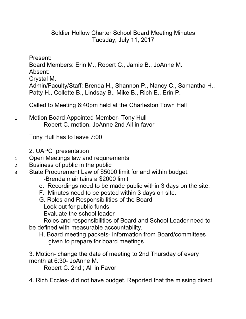 Soldier Hollow Charter School Board Meeting Minutes