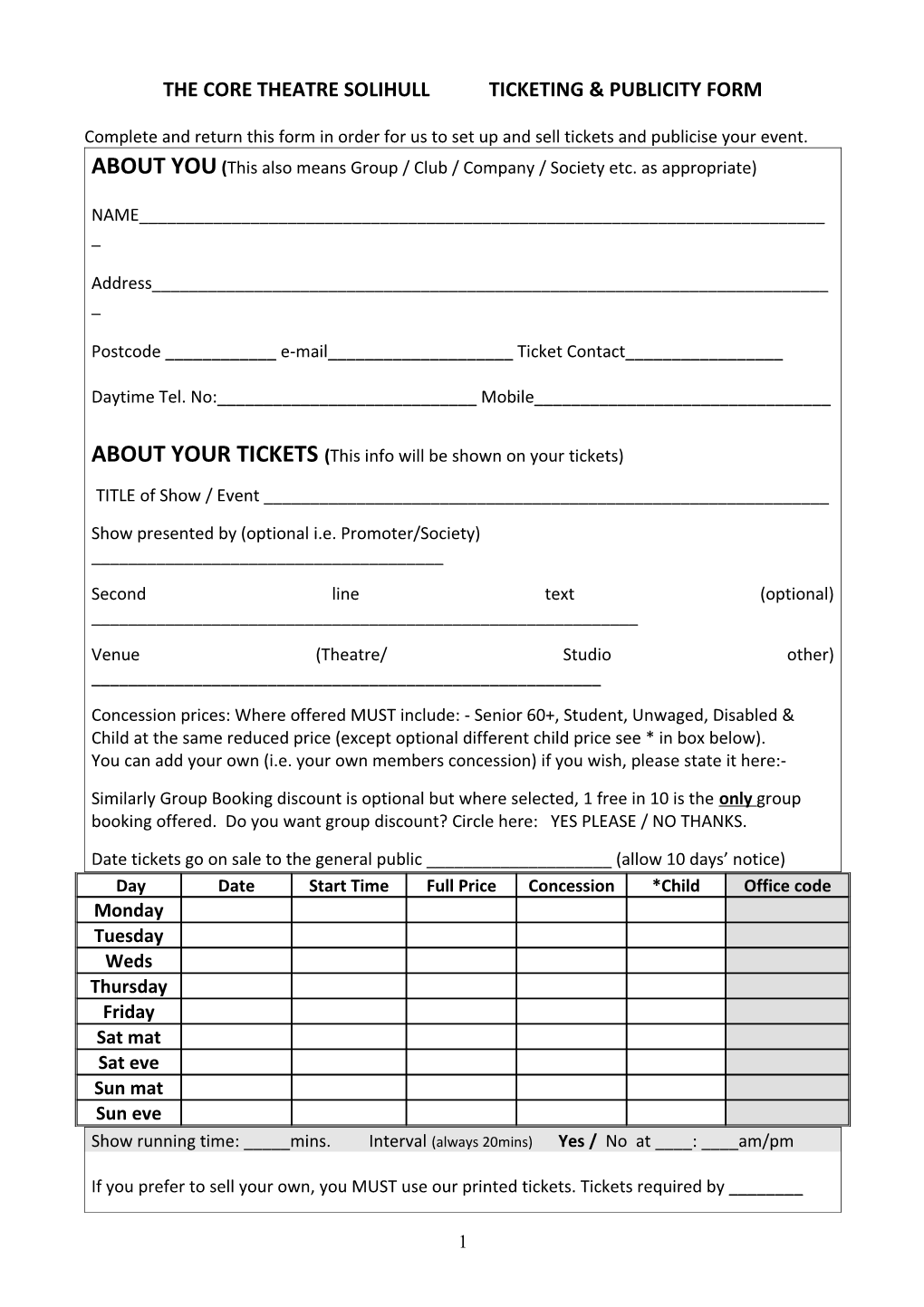 Solihull Arts Complex - Ticket Printing Request Form