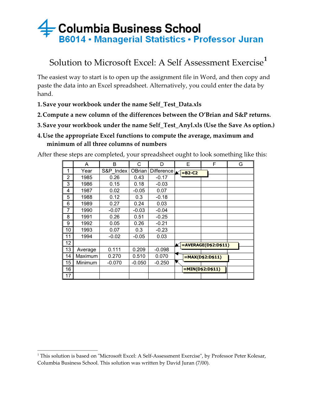 Solution to Microsoft Excel: a Self Assessment Exercise 1