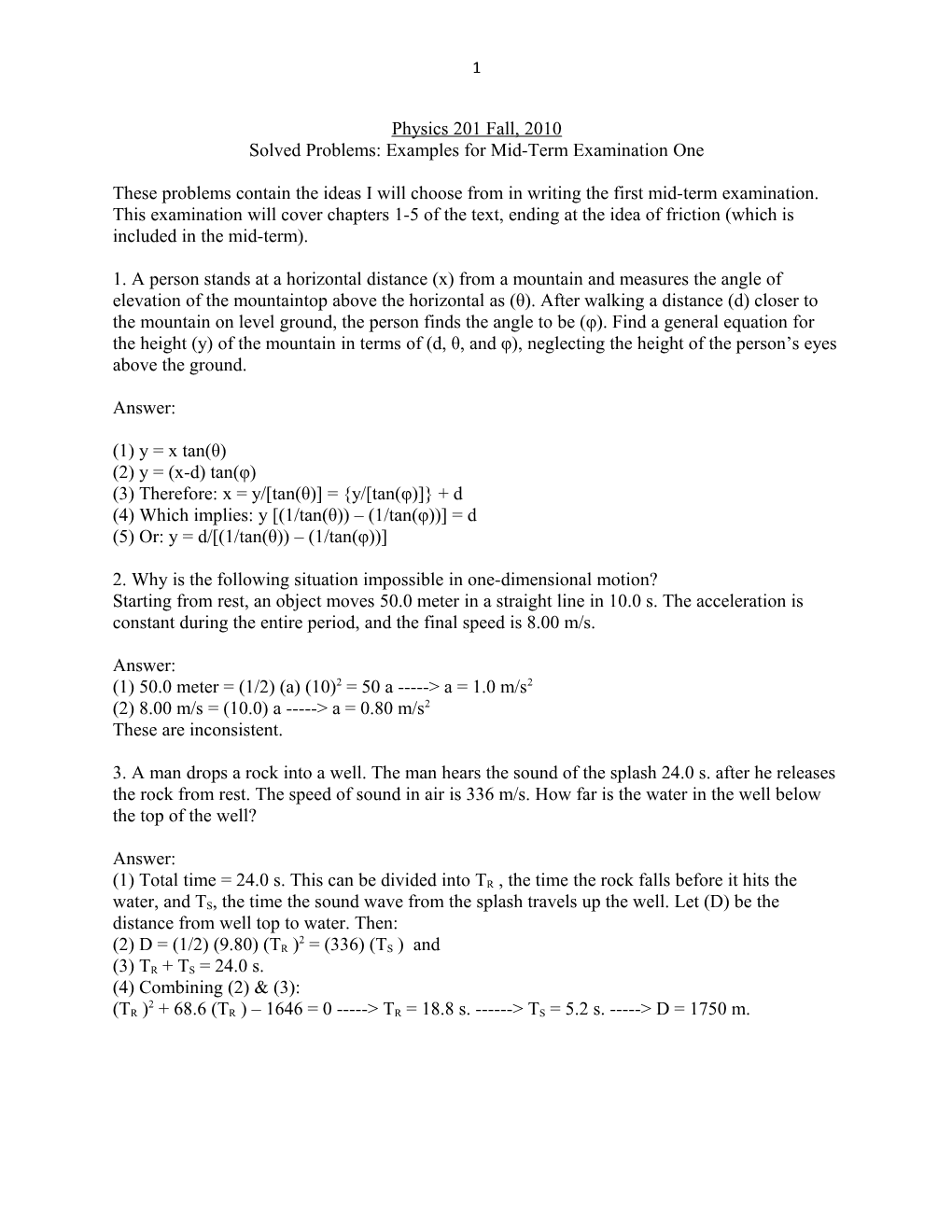 Solved Problems: Examples for Mid-Term Examination One