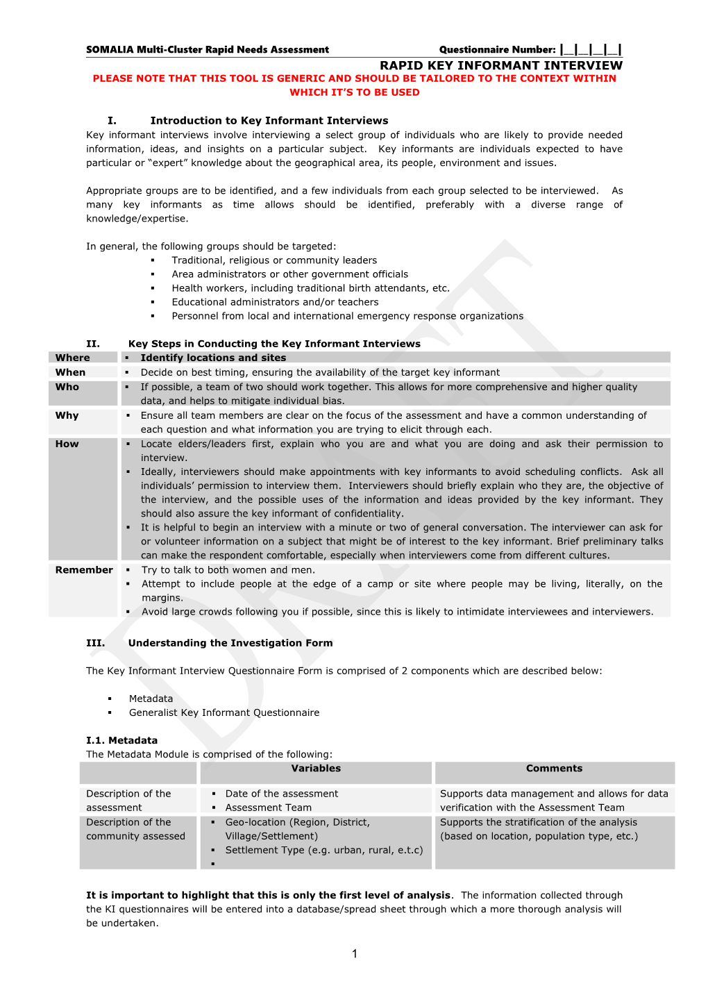 SOMALIA Multi-Cluster Rapid Needs Assessment Questionnaire Number: __ __ __ __