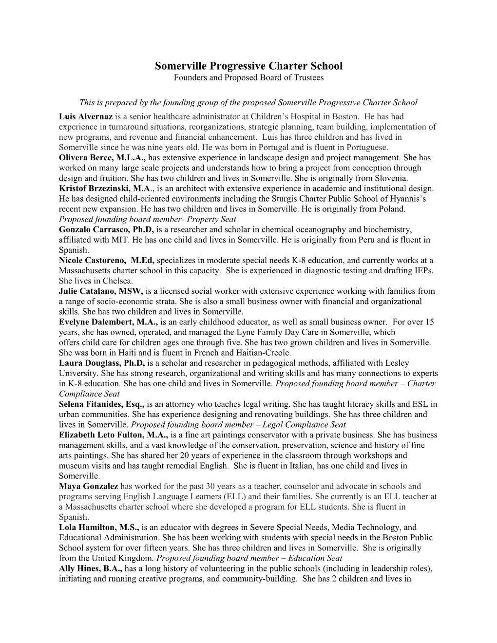 Somerville Progressive Charter School, Founders and Proposed Board of Trustees, February 2012