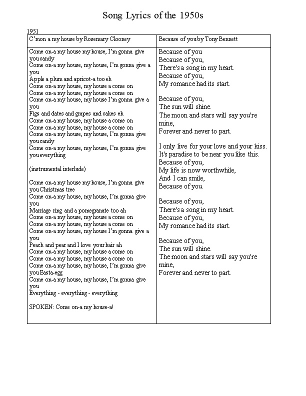 Song Lyrics of the 1950S