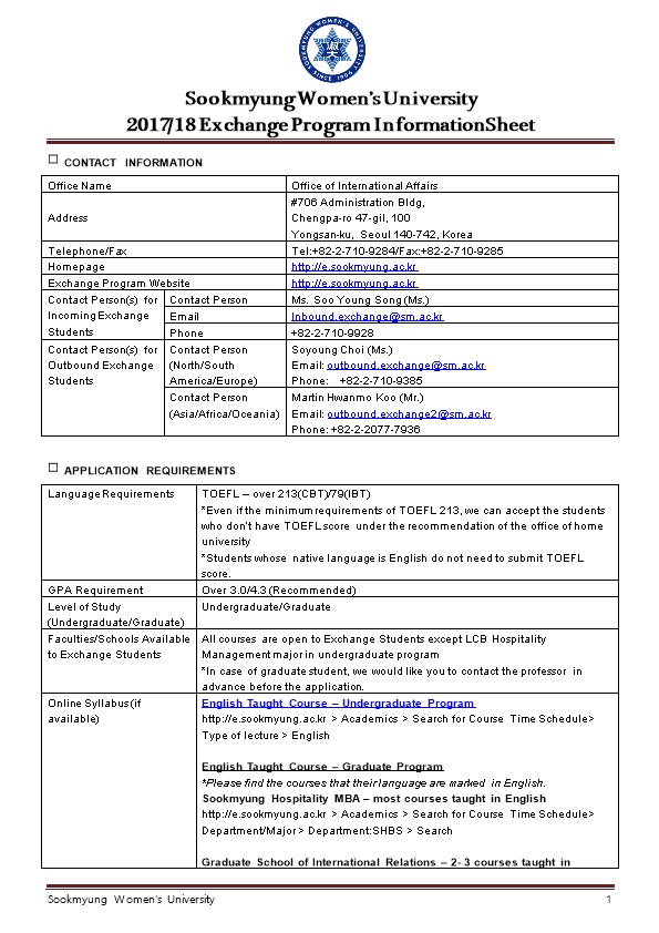 Sookmyung Women S University013-2014 Exchange Program Information Sheet