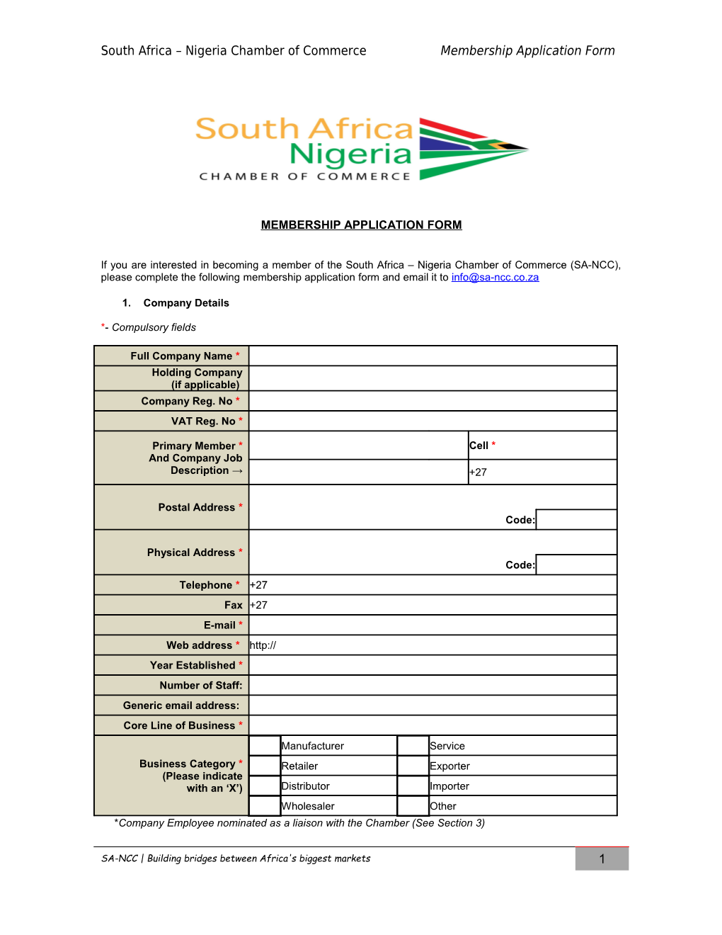 South Africa Nigeria Chamber of Commerce Membership Application Form