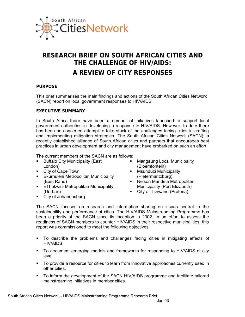 South African Cities and the Challenge of Hiv/Aids