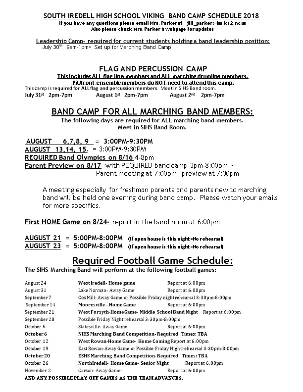 South Iredell High School Viking Marching Band Camp Schedule 8/13/07-8/15/07 , 8Am-5Pm Sihs