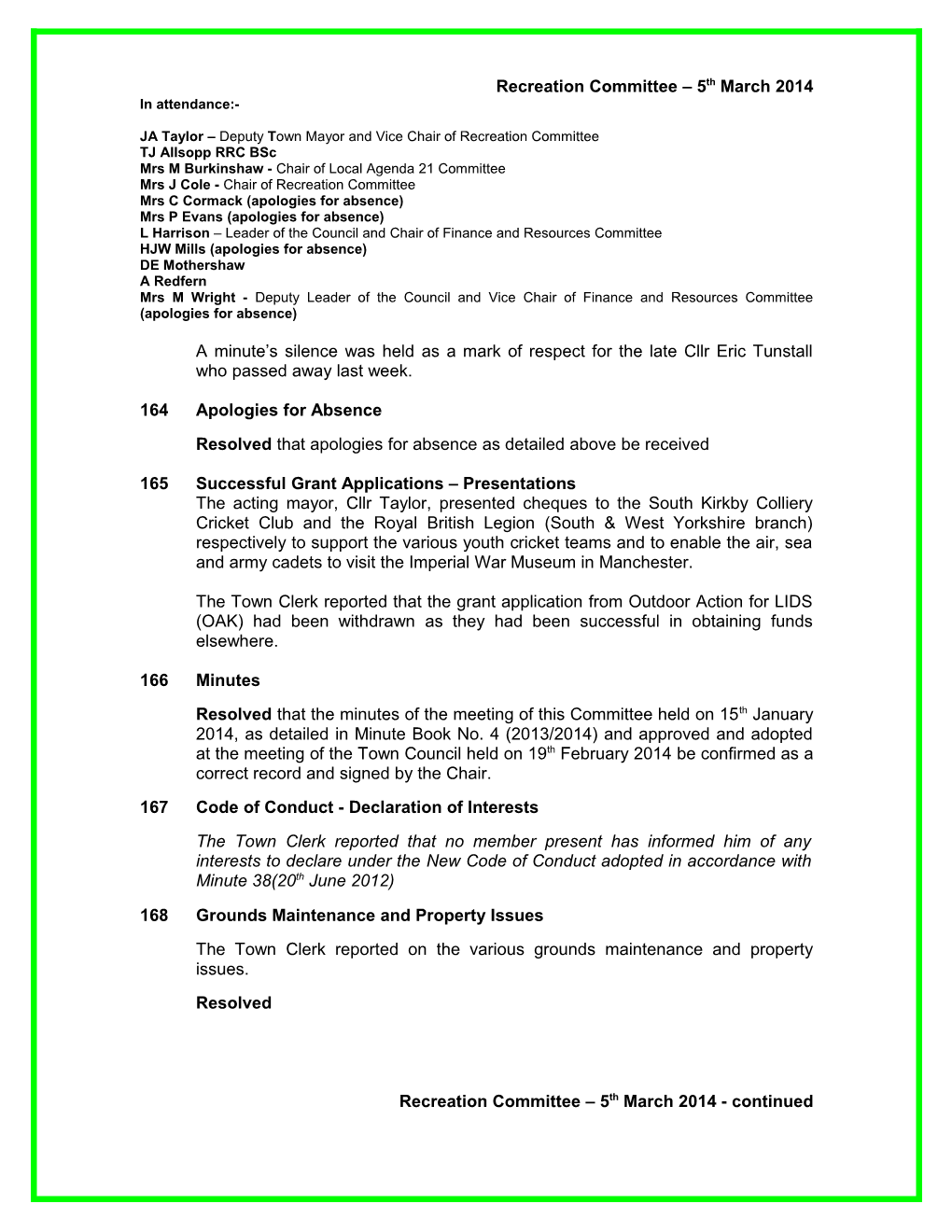 South Kirkby and Moorthorpe Town Council Minutes -2013/2014