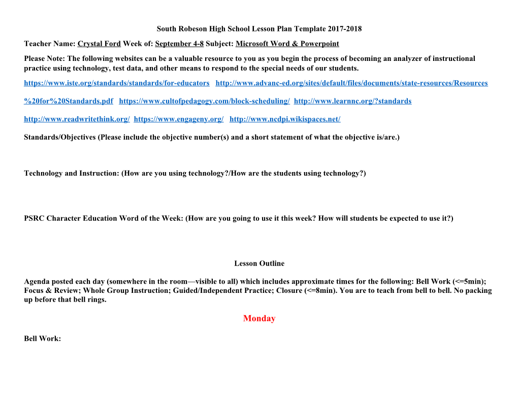 South Robeson High School Lesson Plan Template 2017-2018