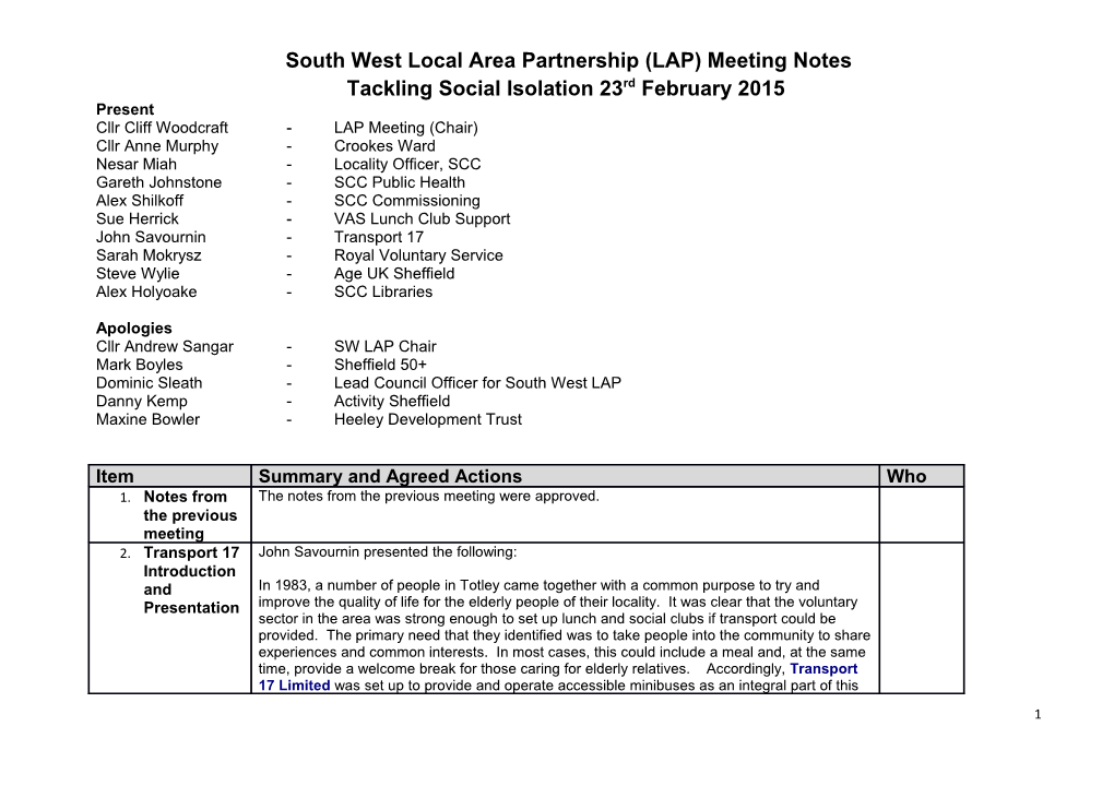 South West Local Area Partnership (LAP) Meeting Notes