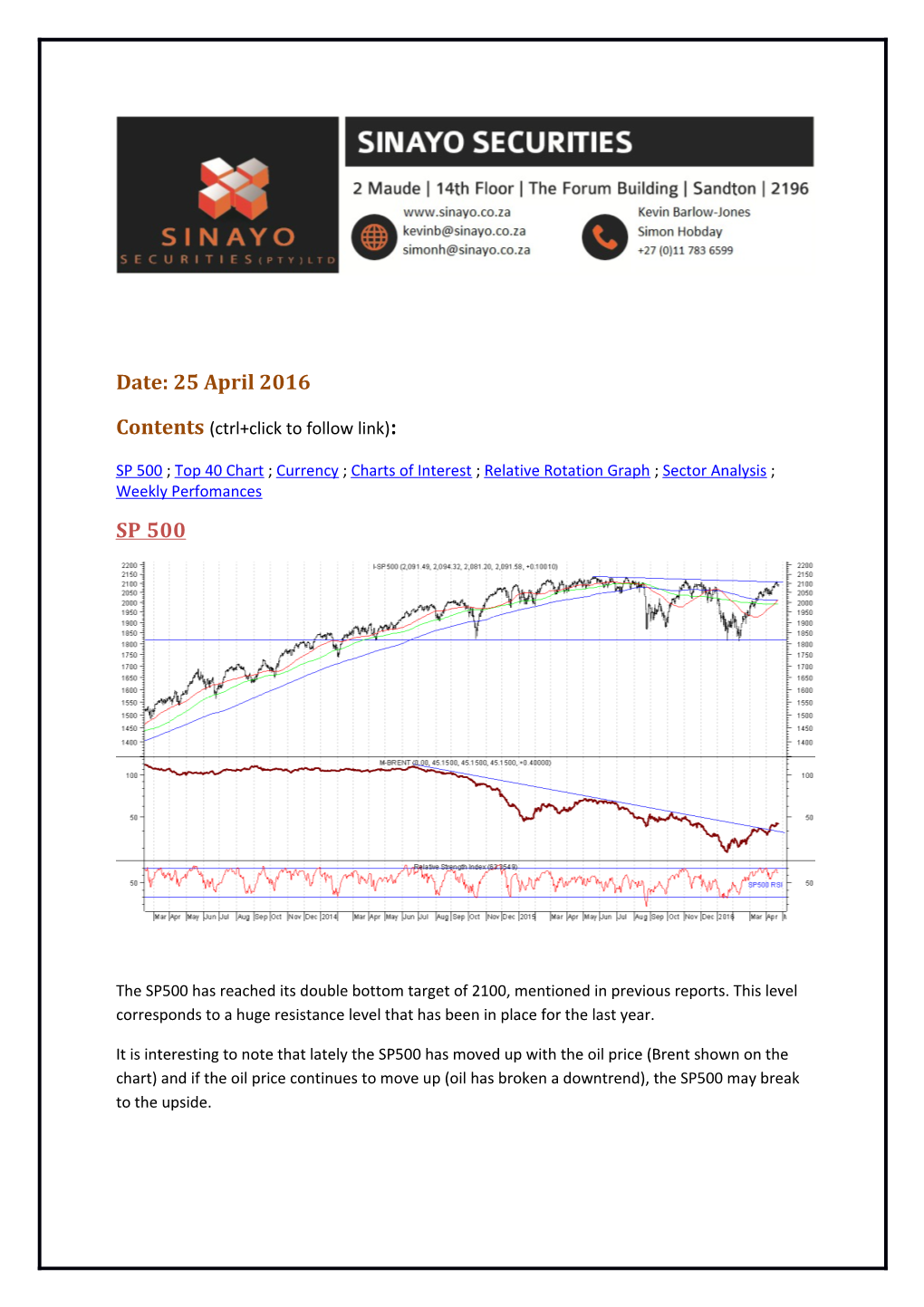 SP 500 ; Top 40 Chart ; Currency ; Charts of Interest ; Relative Rotation Graph ; Sector