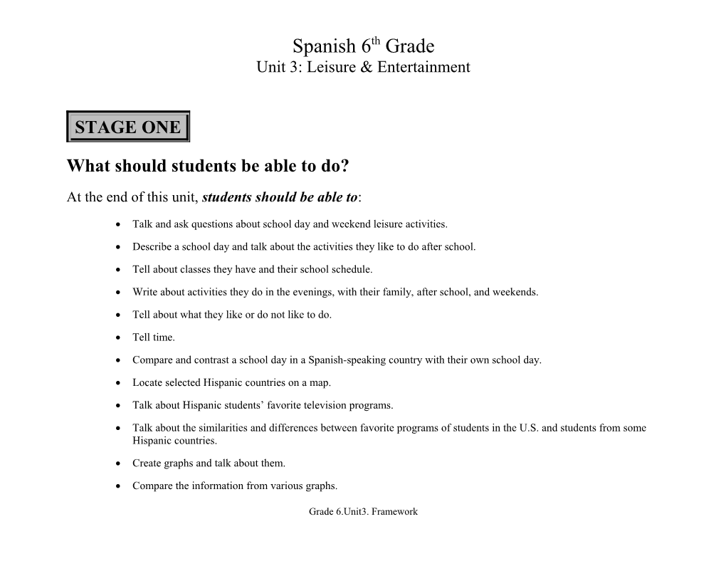 Spanish 6Th Grade: Unit 3 Leisure and Enter
