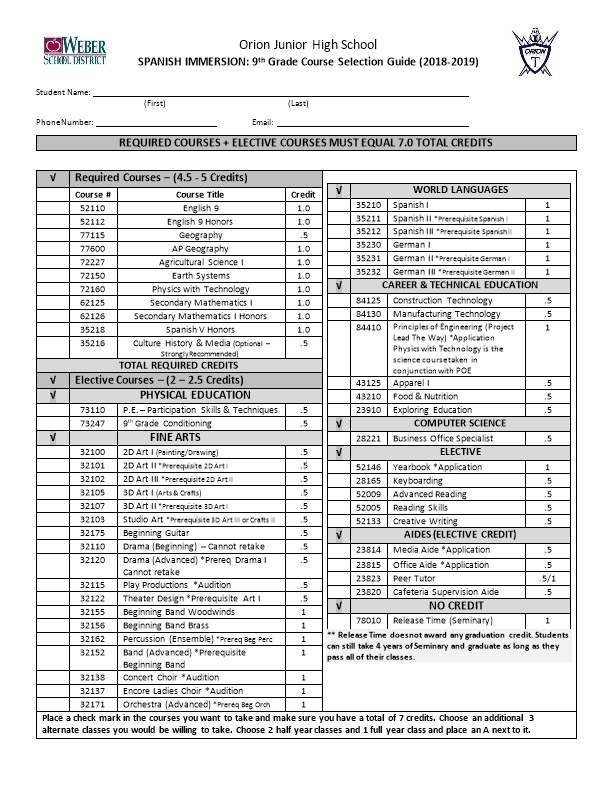 SPANISH IMMERSION: 9Th Grade Course Selection Guide (2018-2019)
