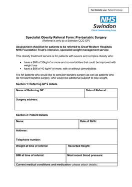 Specialist Obesity Referral Form: Pre-Bariatric Surgery