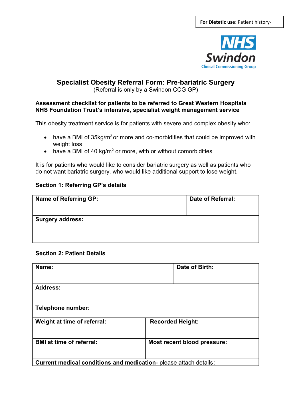 Specialist Obesity Referral Form: Pre-Bariatric Surgery