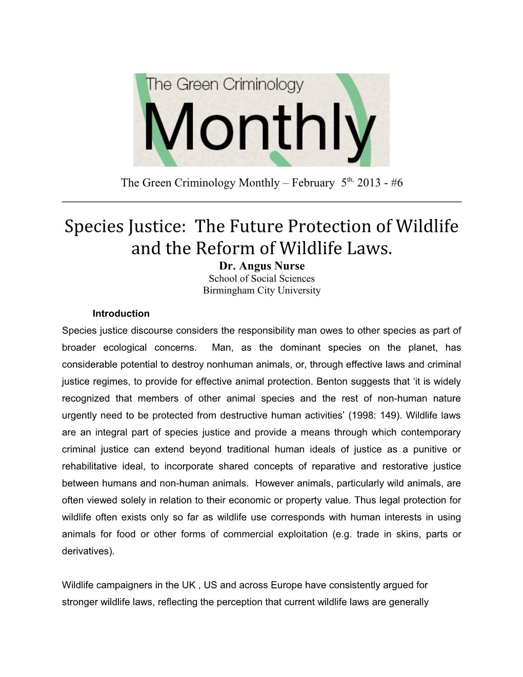 Species Justice: the Future Protection of Wildlife and the Reform of Wildlife Laws