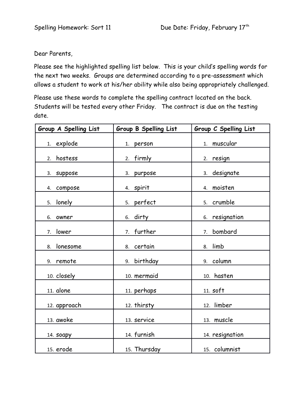 Spelling Homework: Sort 11Due Date: Friday, February 17Th