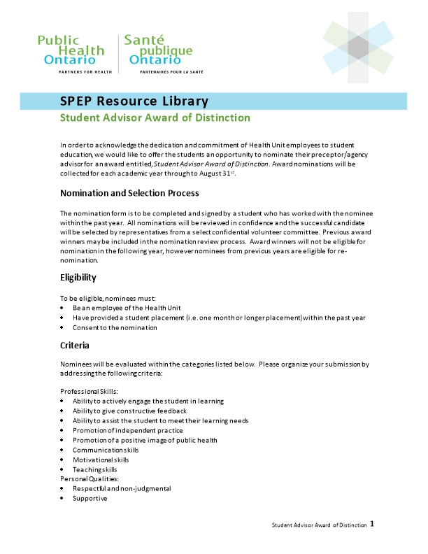 SPEP Resource Library: Student Advisor Award of Distinction