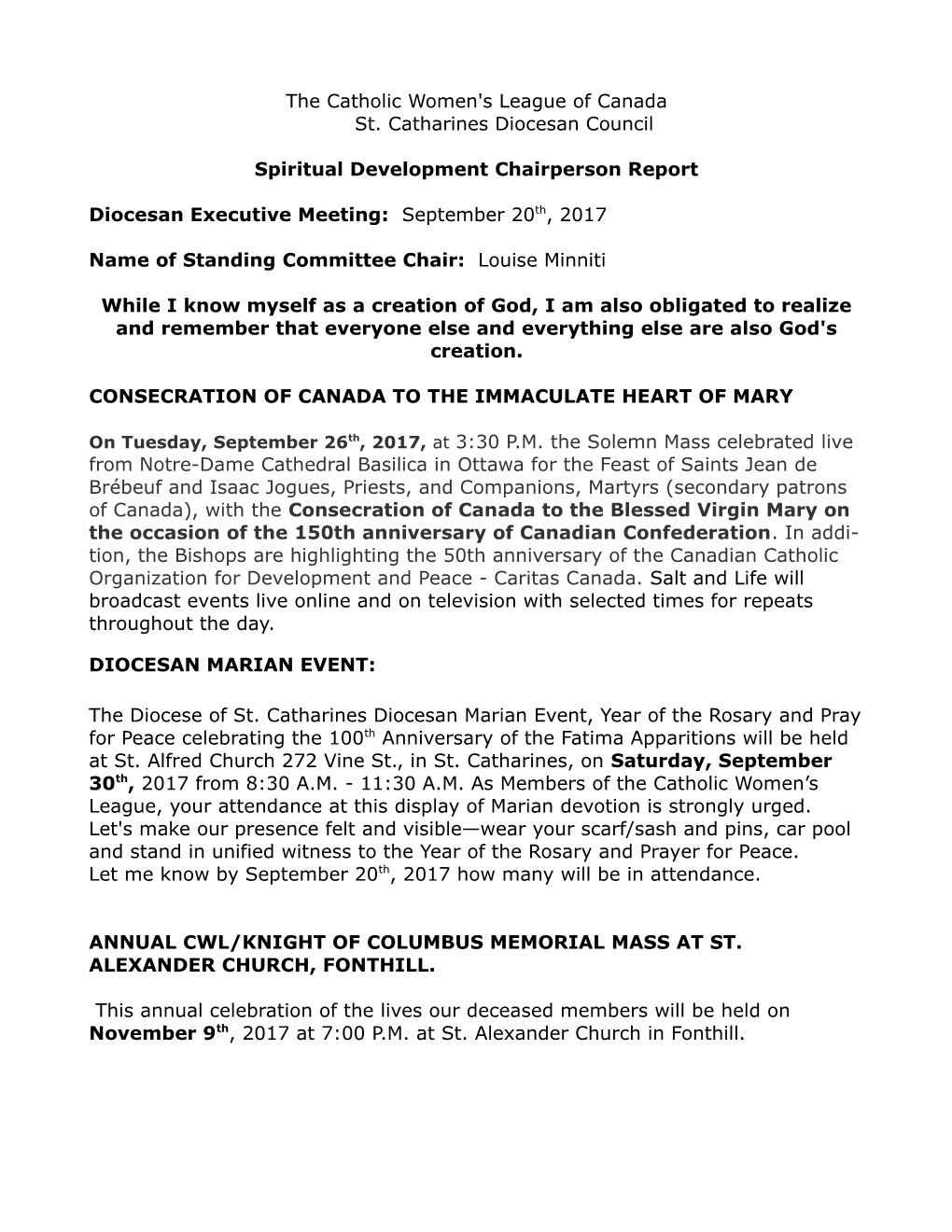 Spiritual Development Chairperson Report