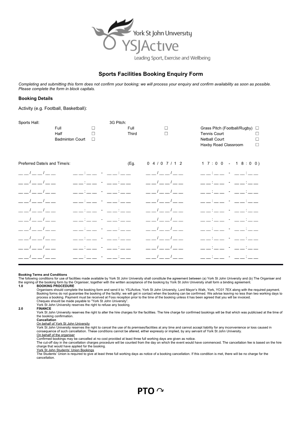 Sports Facilities Booking Enquiry Form