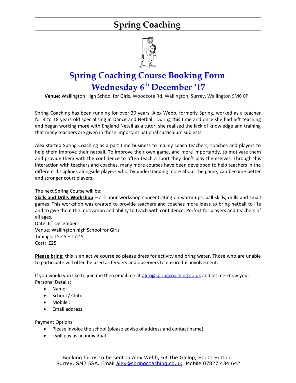 Spring Coaching Course Booking Form