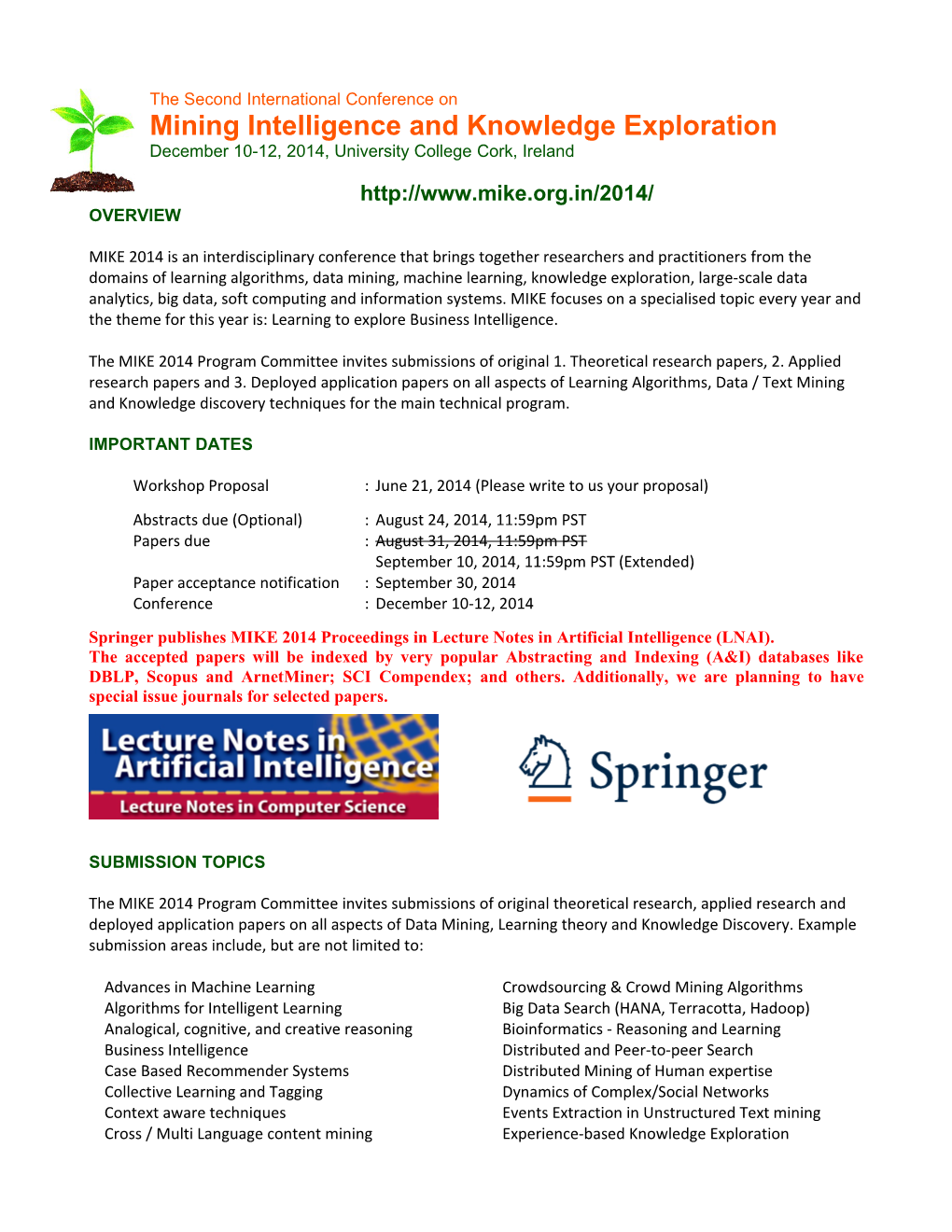 Springer Publishes MIKE 2014 Proceedings in Lecture Notes in Artificial Intelligence (LNAI)