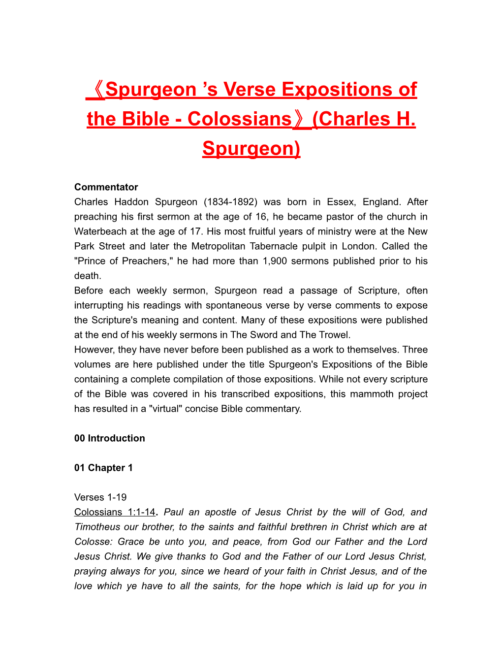 Spurgeon S Verseexpositions of the Bible - Colossians (Charles H. Spurgeon)
