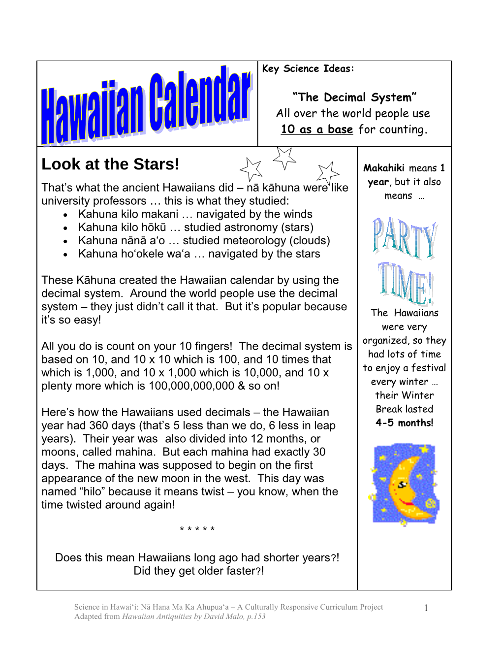SSR Hawaiian Calendar & Decimals