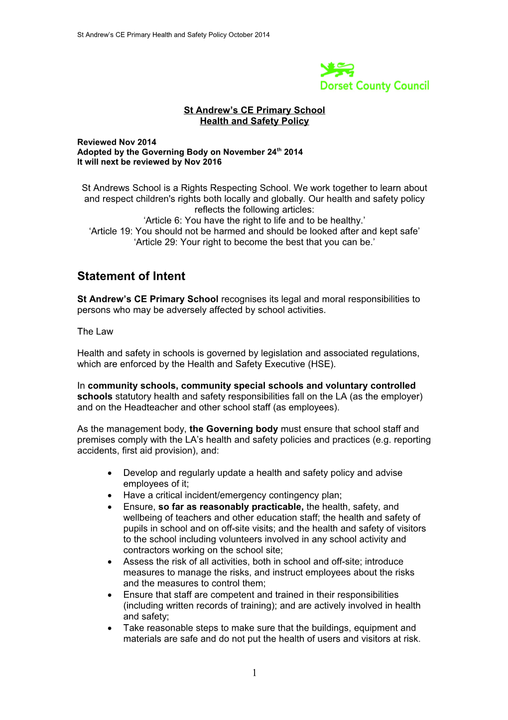 St Andrew S CE Primary Health and Safety Policy October 2014