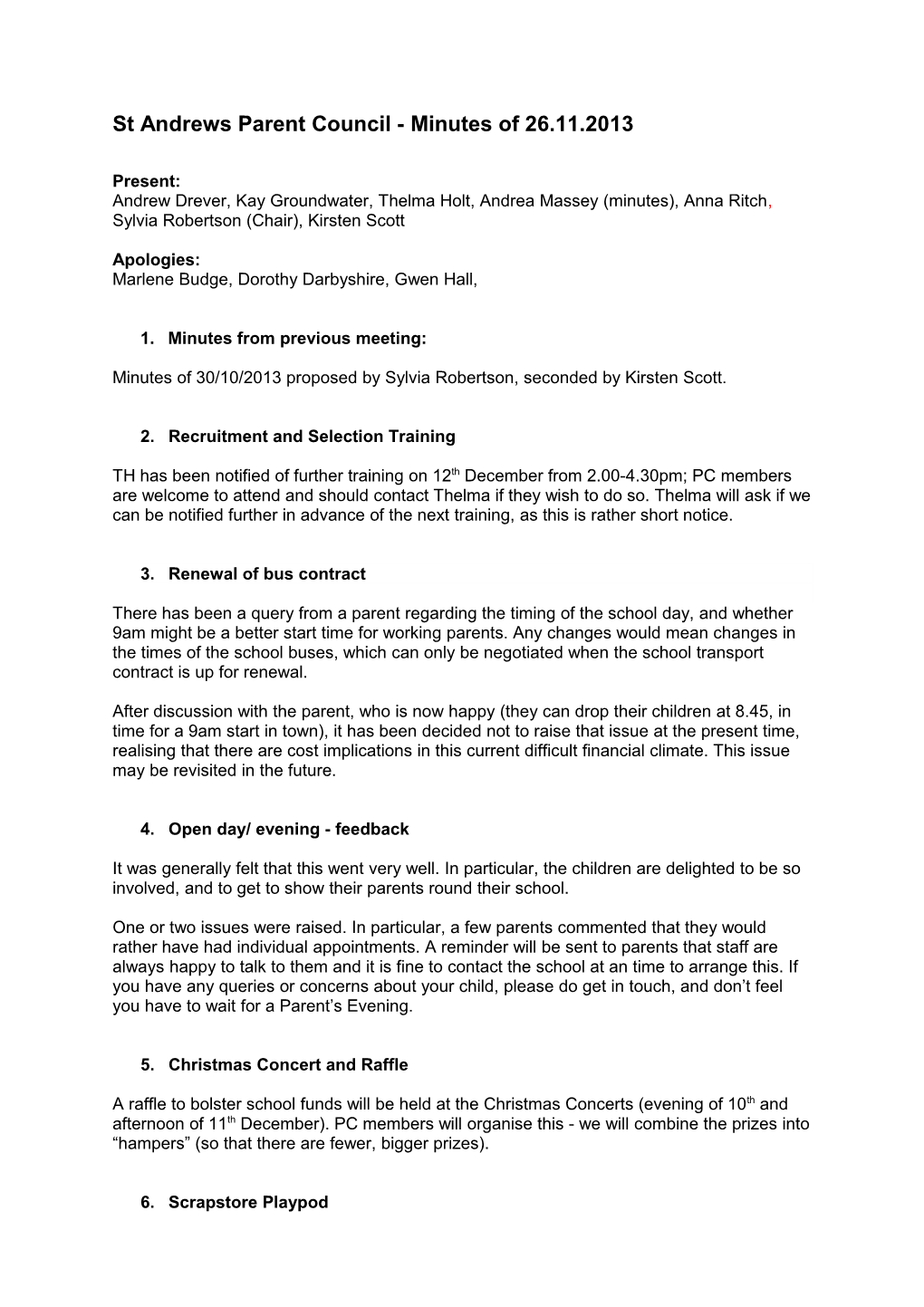St Andrews Parent Council - Minutes of 26.11.2013
