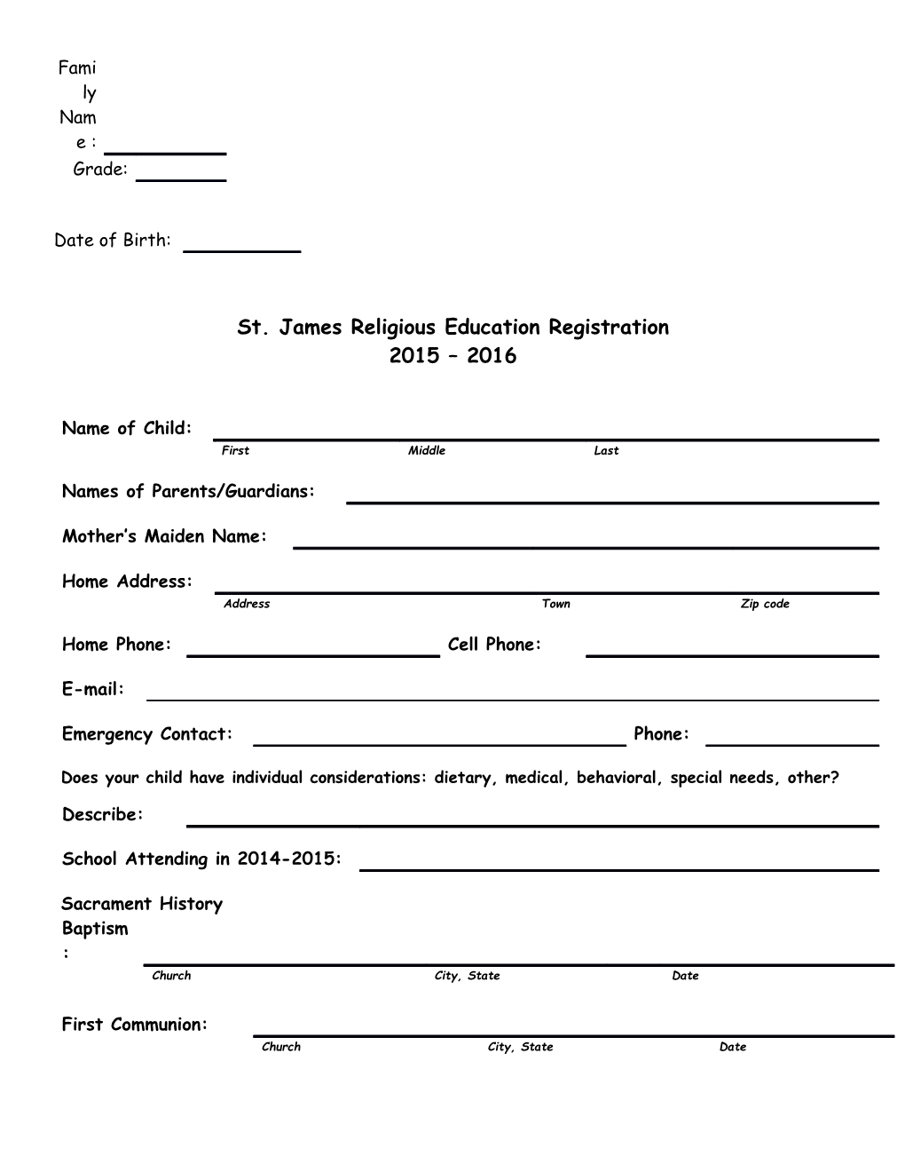 St. James Religious Education Registration
