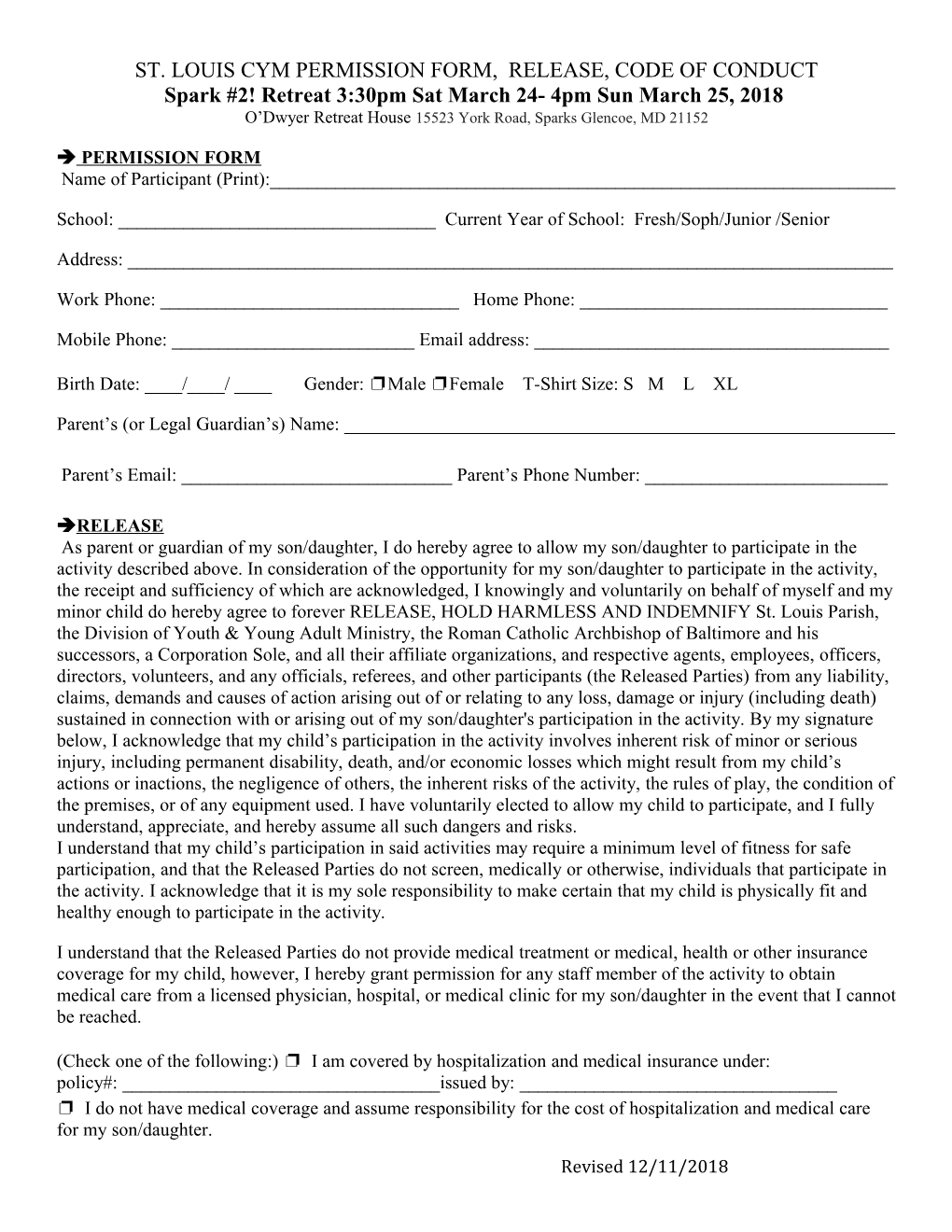 St. Louis Cym Permission Form, Release, Code of Conduct