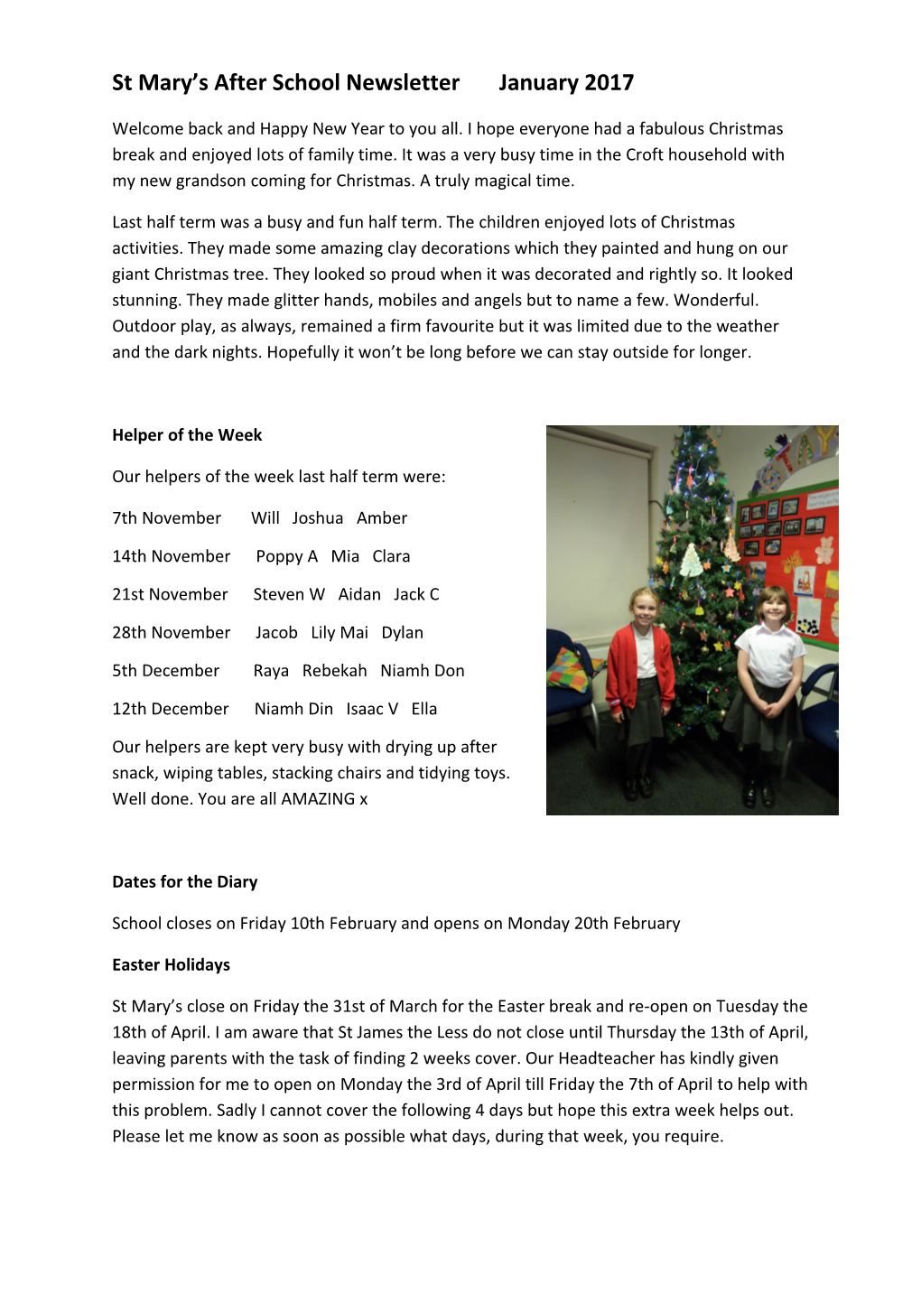 St Mary S After School Newsletter January 2017