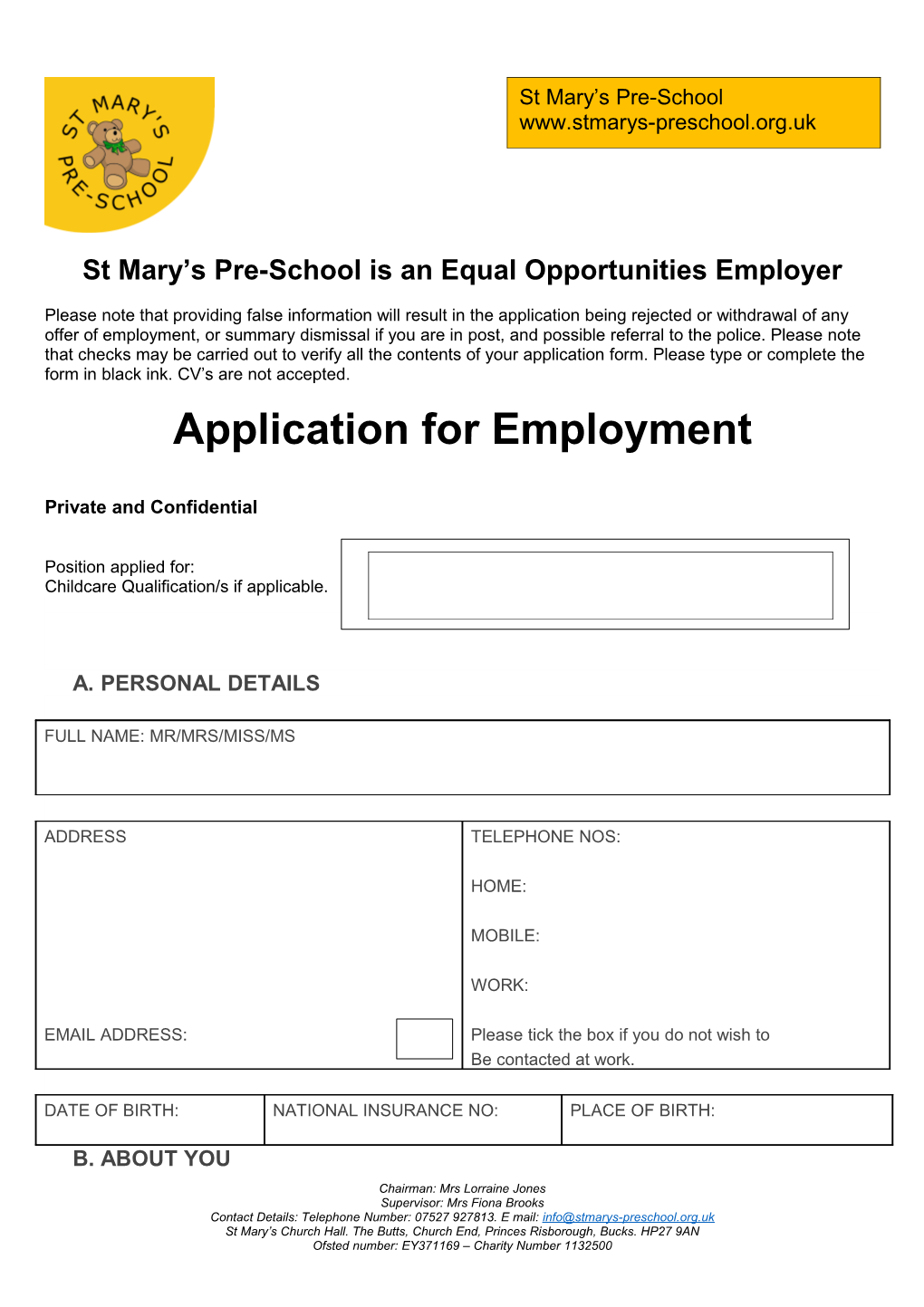 St Mary S Pre-School Is an Equal Opportunities Employer