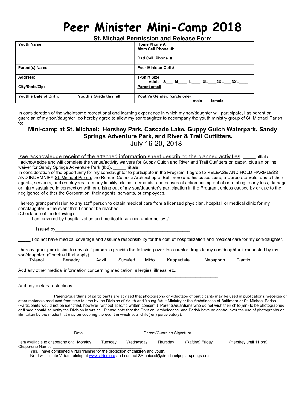 St. Michael Permission and Release Form