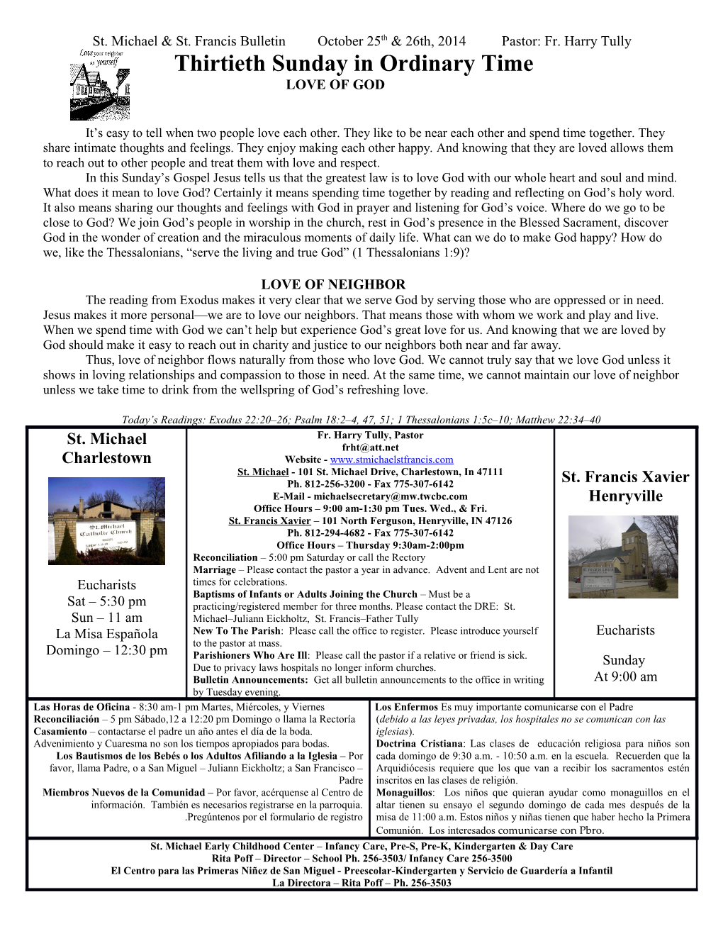 St. Michael & St. Francis Bulletin October 25Th & 26Th, 2014 Pastor: Fr. Harry Tully