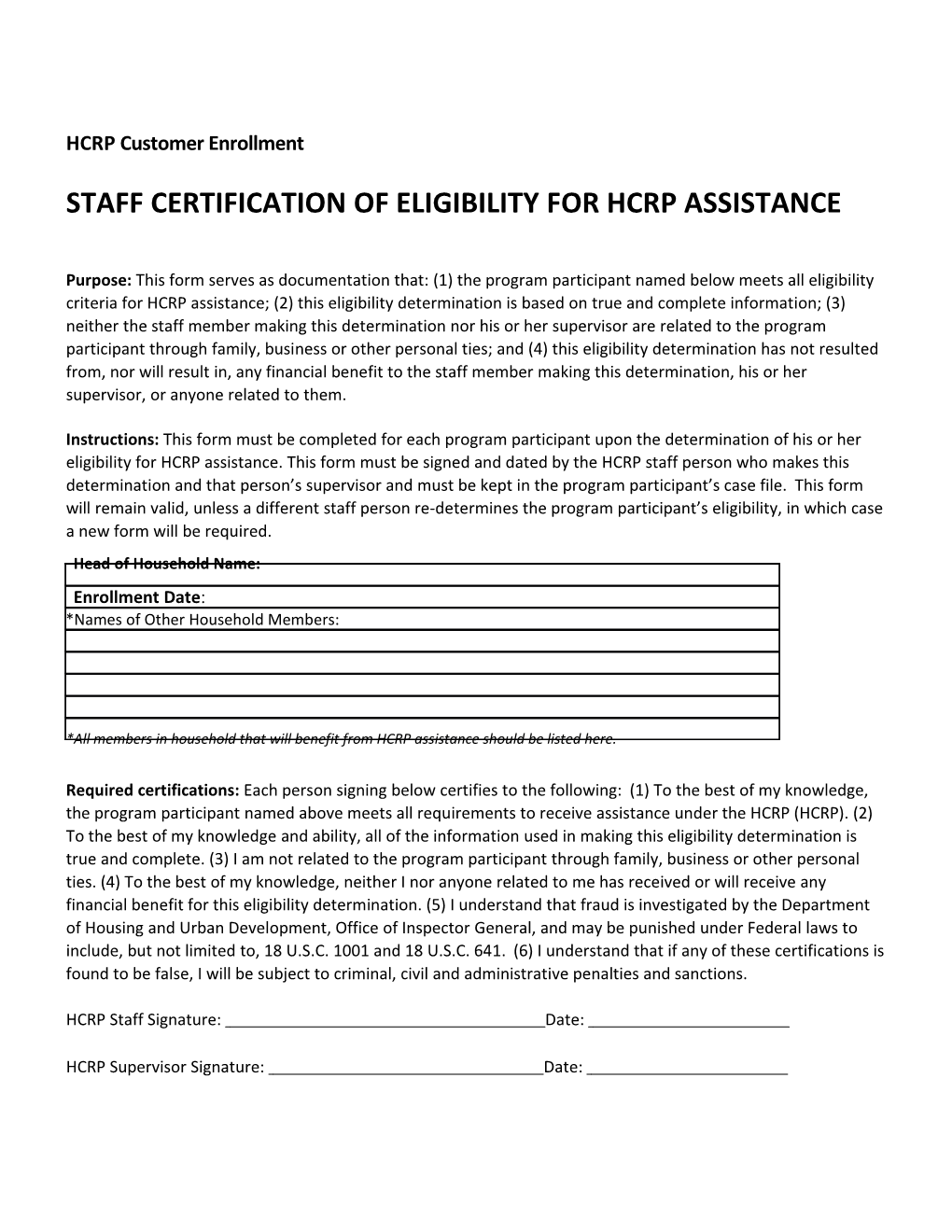 Staffcertificationof Eligibility Forhcrp Assistance