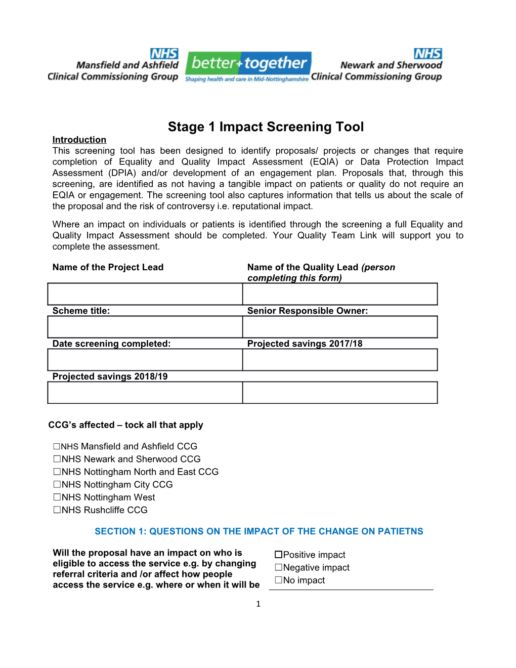 Stage 1 Impact Screening Tool