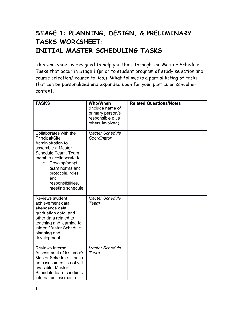 Stage 1: Planning, Design, & Preliminary Tasksworksheet