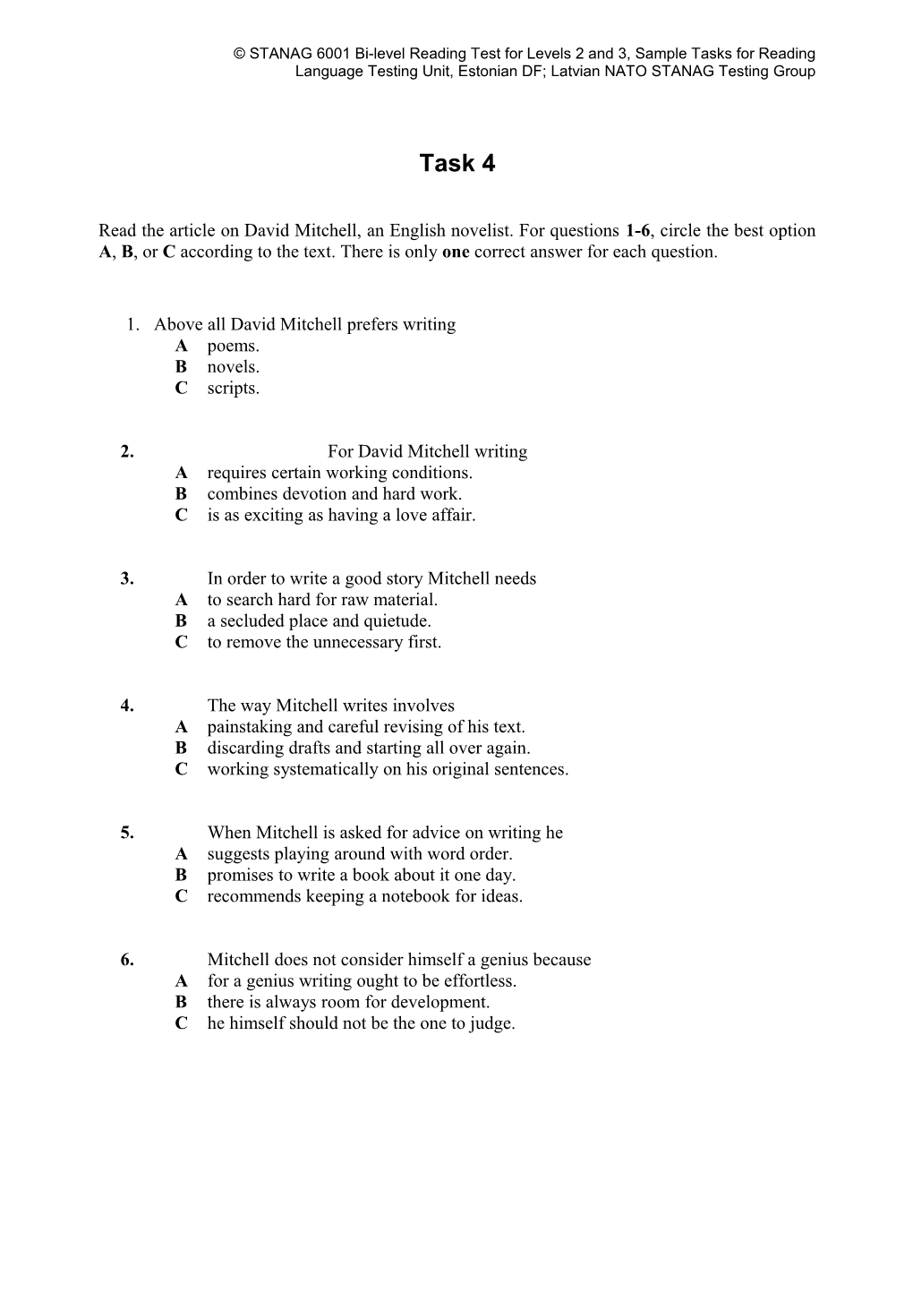 STANAG 6001 Bi-Level Reading Test for Levels 2 and 3, Sample Tasks for ...