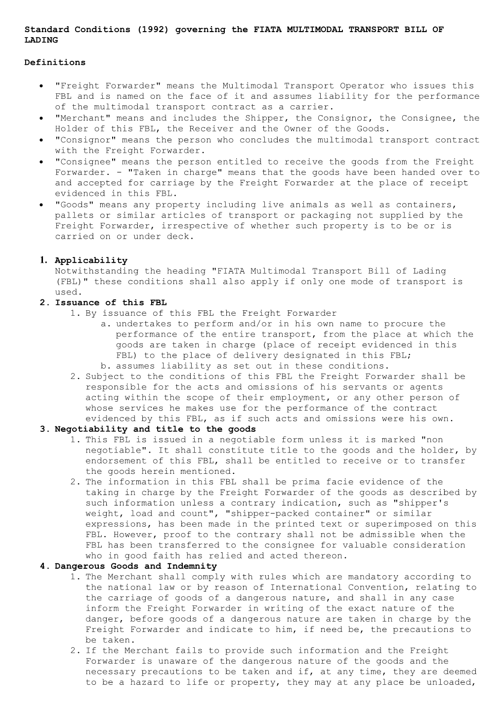 Standard Conditions (1992) Governing the FIATA MULTIMODAL TRANSPORT BILL of LADING