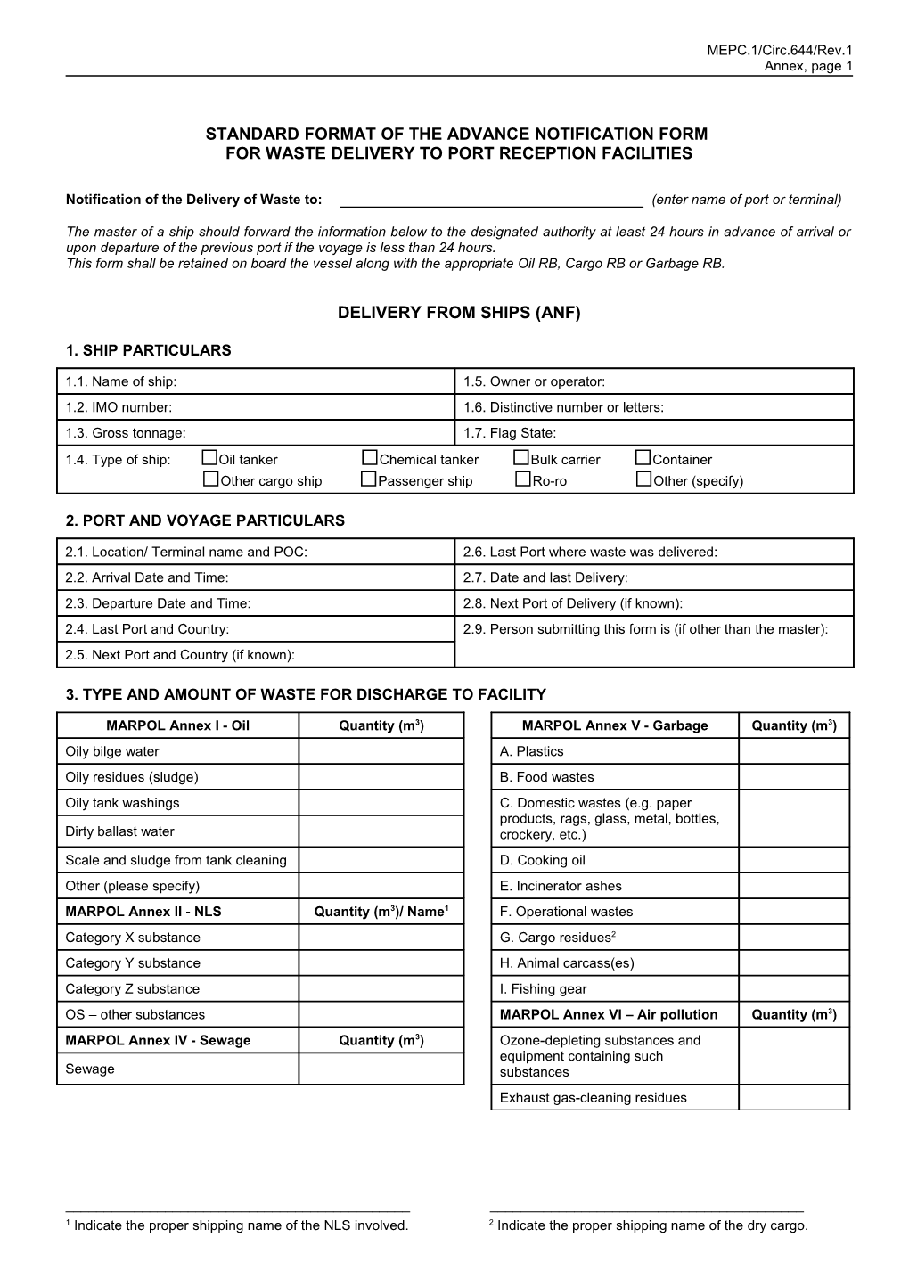 Standard Format of the Advance Notification Form