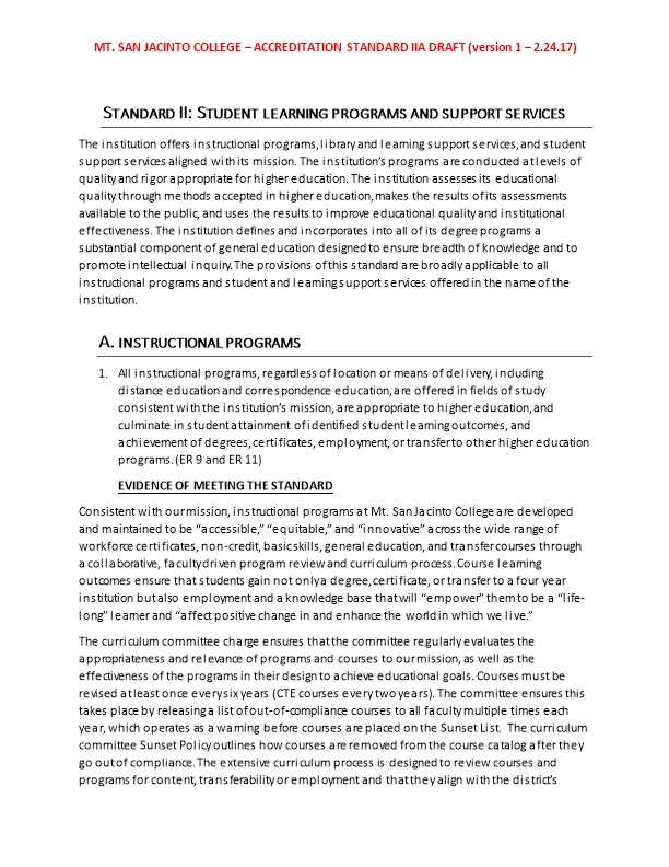 Standard II: Student Learning Programs and Support Services